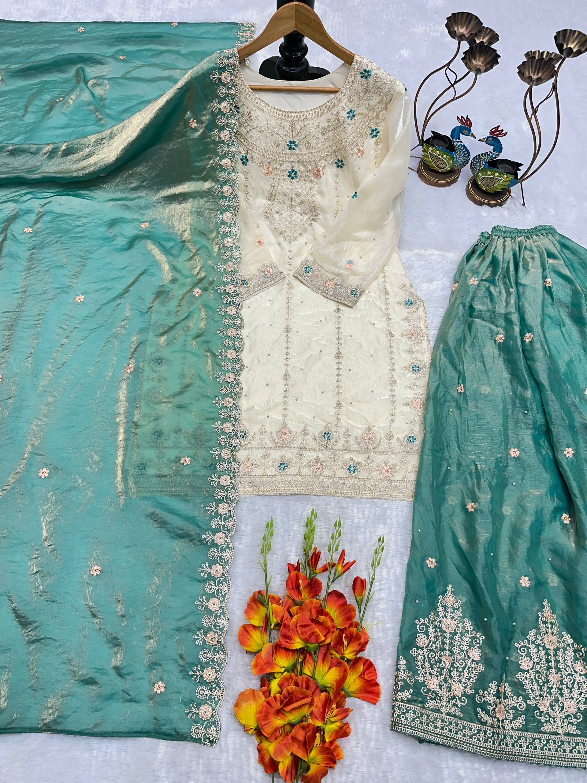 Ivory & Sea Glass Embroidered Kurta Set